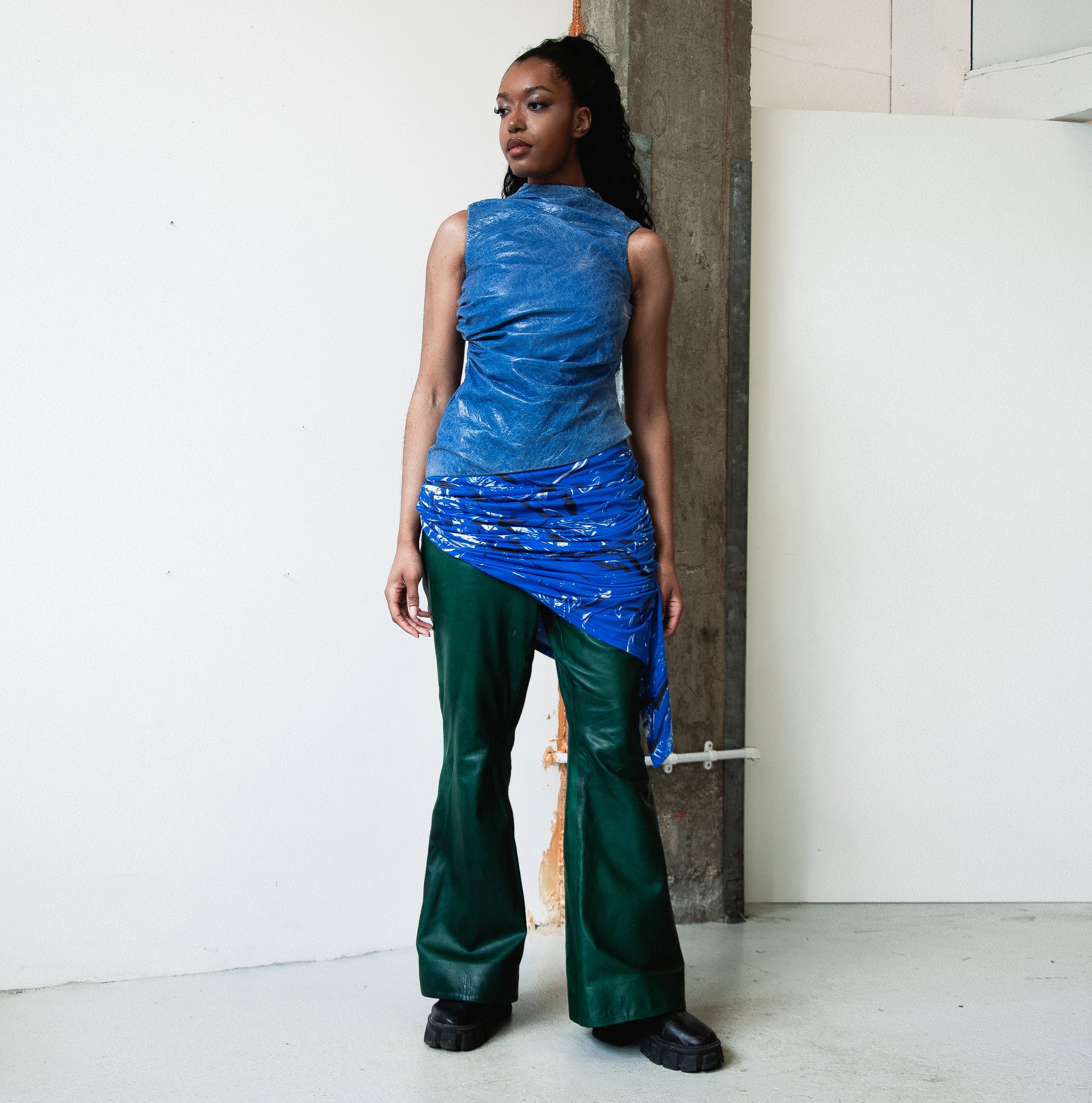 Blue Leather Asymmetric Draped Top