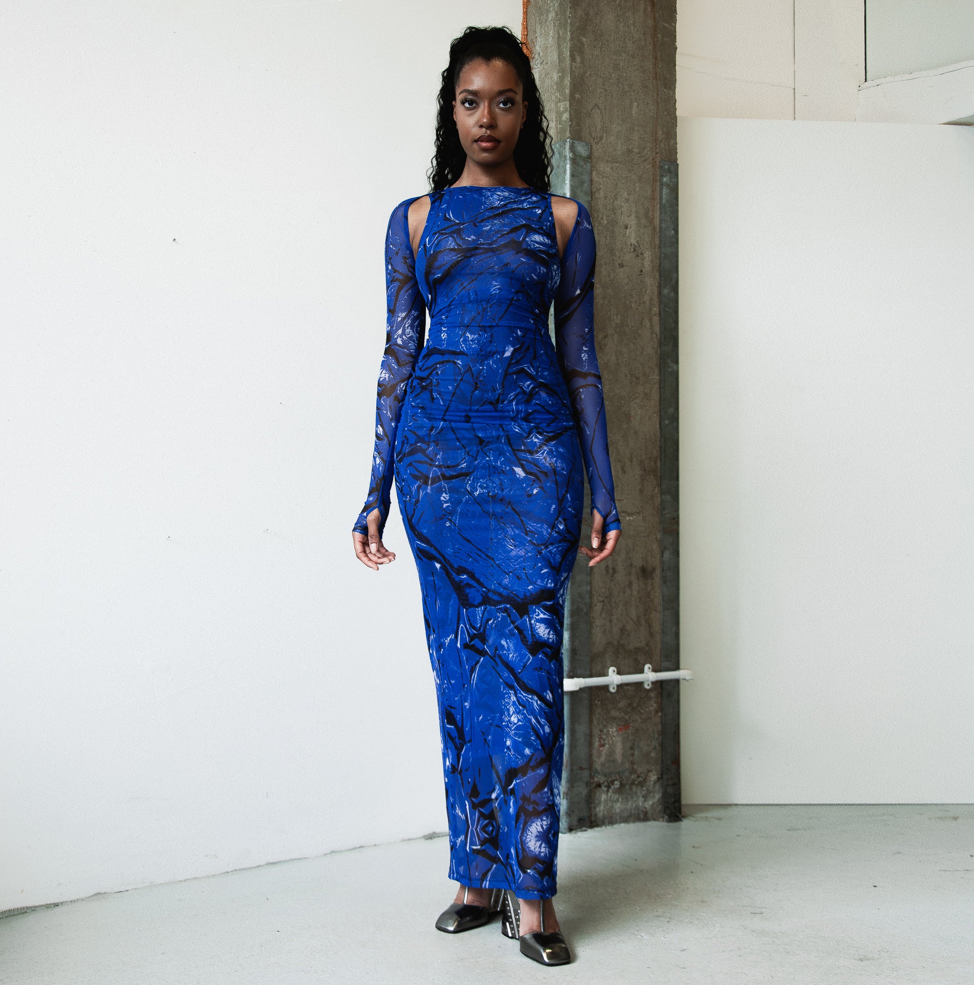 Blue Wetlook Mesh Dress