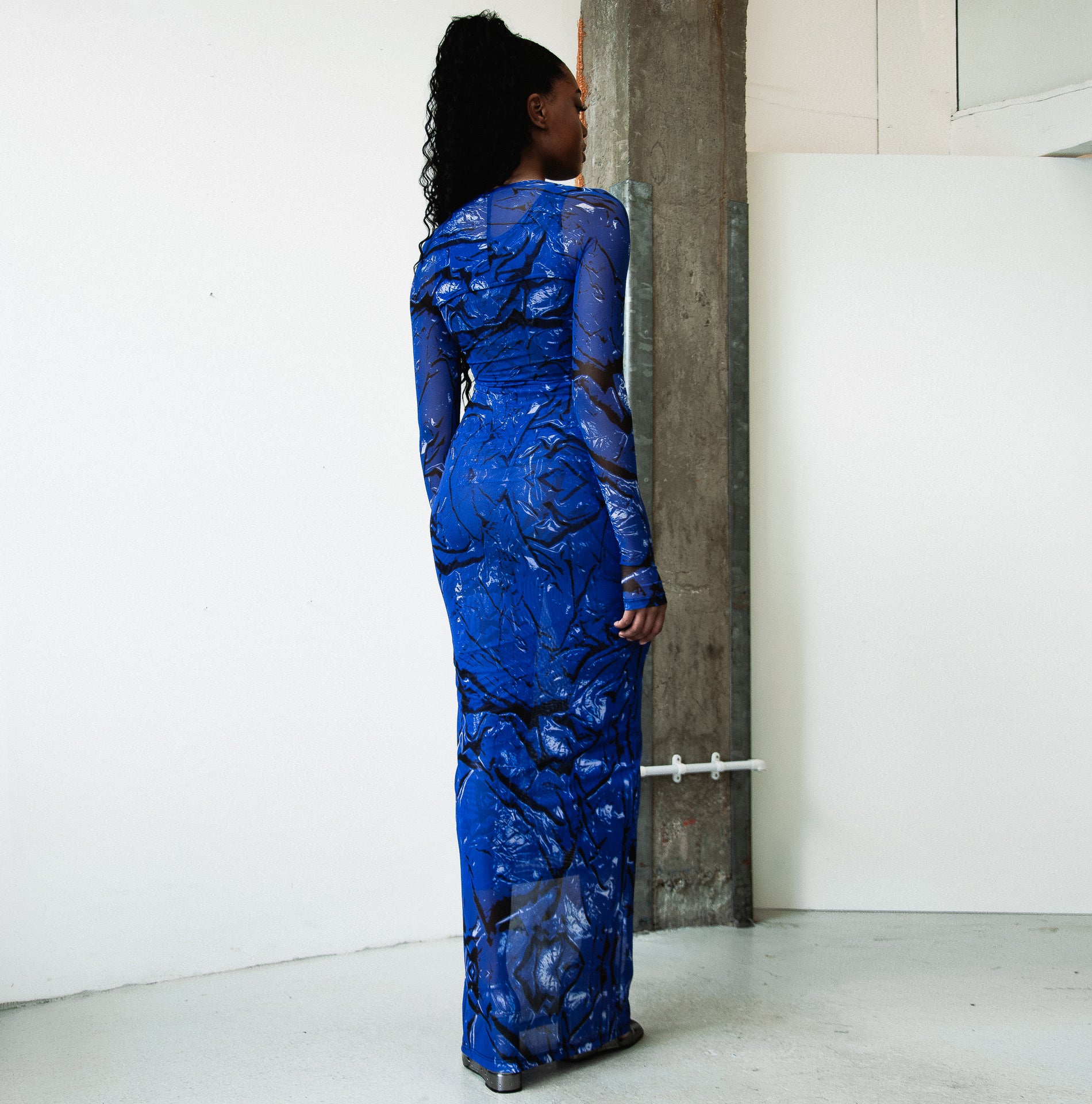 Blue Wetlook Mesh Dress