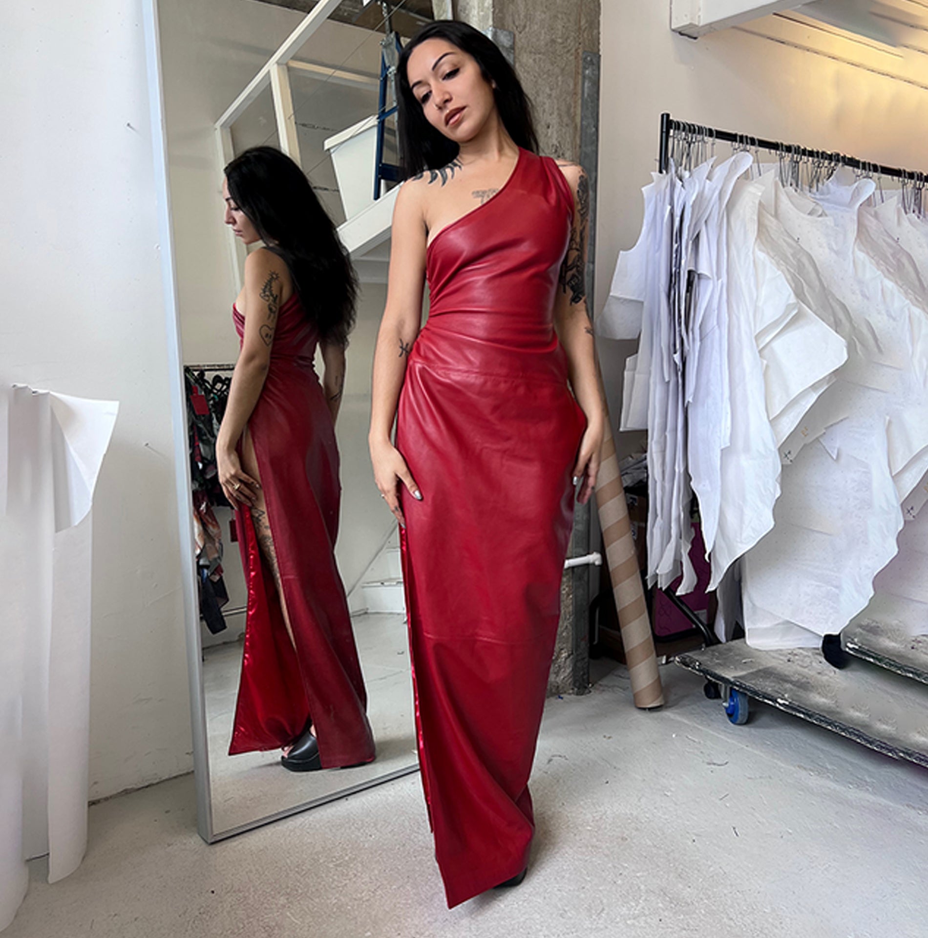 Leather Asymmetric Drape Dress in Red