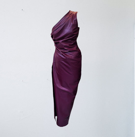 Leather Asymmetric Drape Dress in Oxblood